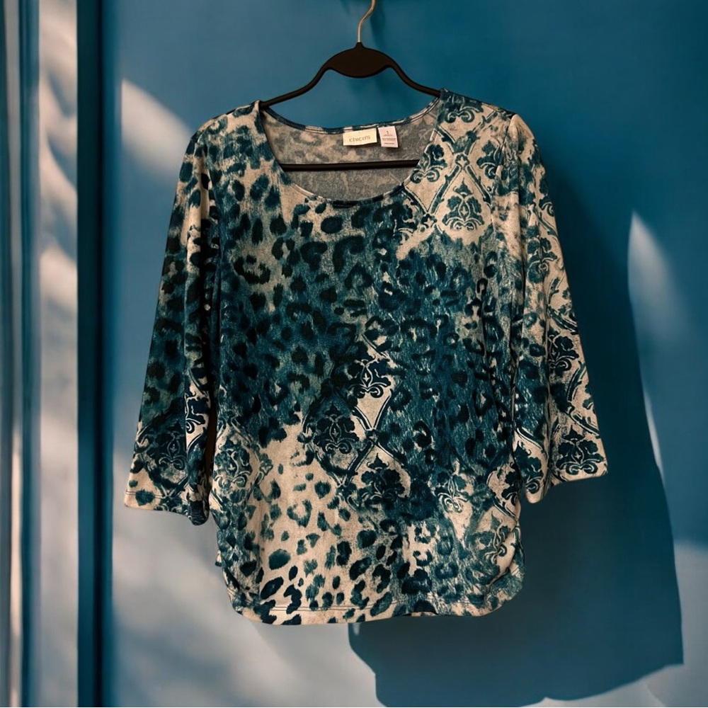 Chico’s Teal Cheetah & Baroque Print Knit Top